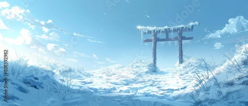 Snowy landscape featuring a torii gate with icicles hanging down.