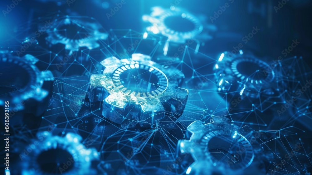Obraz premium Interconnected gears representing different CRM functions seamlessly integrating with AI technology,