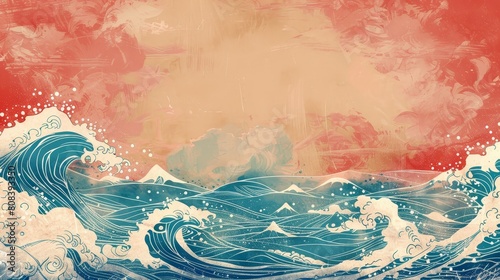Sea Japanese style background illustration with waves