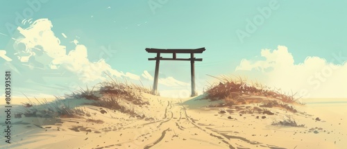 A rustic torii gate stands on a sandy beach under a gentle sunrise.