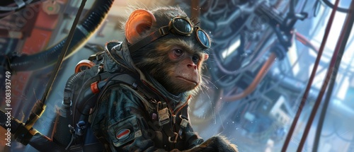 A closeup half body of charismatic arboreal animal, in a lightweight climbing suit, navigating through a highaltitude research facility, with something on hand photo
