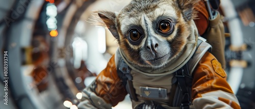 A closeup half body of charismatic arboreal animal, in a lightweight climbing suit, navigating through a highaltitude research facility, with something on hand photo