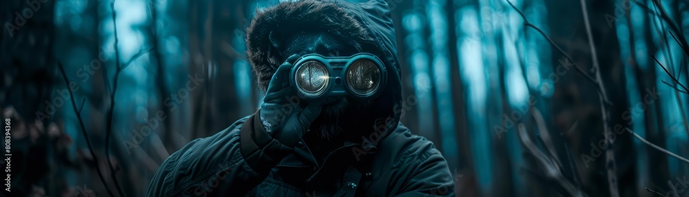 Amazing of a nocturnal animal, equipped with nightvision goggles, exploring a dark forest, captured in a dynamic half body shot