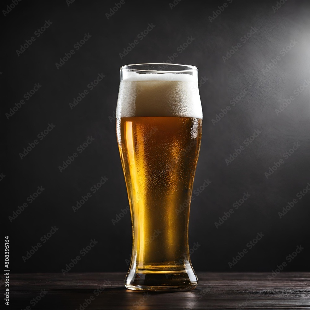 A cold beer glass against a dark background close up 