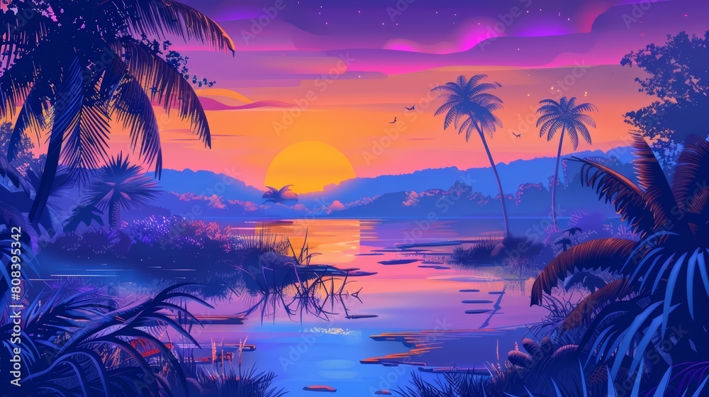 Creative colorful landscape of Wetland, with rich ecosystems displayed in synthwave color, illustration template