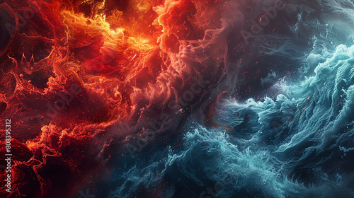 A dramatic clash of fiery red and icy blue waves, their intense interaction producing a visual spectacle that resembles the clash of elemental forces. photo