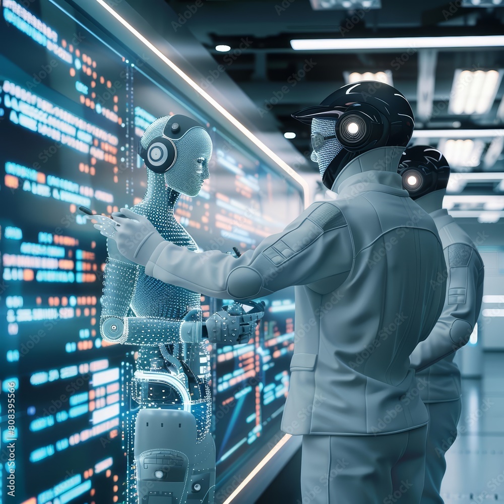 Futuristic business of artificial intelligence development with engineers programming AI, in 3D styles, half body, in a tech development facility, Sharpen banner with copy space