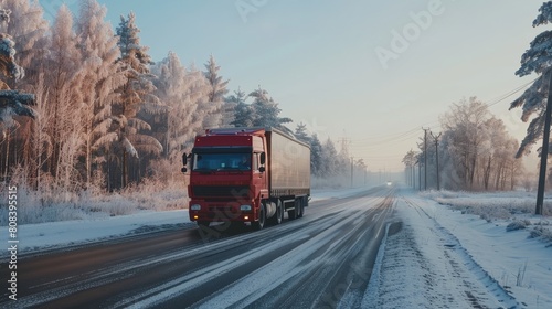 Red truck driving on road in cold morning 