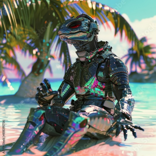 Futuristic cyber of a coldblooded reptile, outfitted in a thermoregulating suit, sunning on a hightech beach, with cyber styles photo