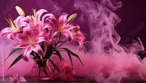 ai generative of lily flower with pink color and nature smoke pink colour photo