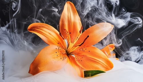 ai generative of closeup of orange lily with thick smoke and dark background