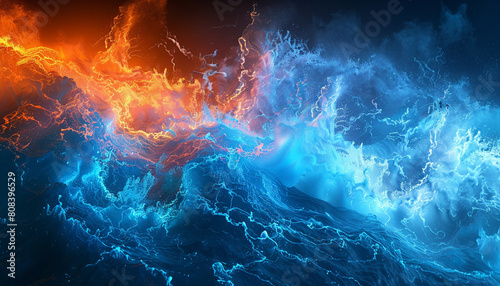 A dynamic interaction of electric blue and bright orange waves, crashing together in a vibrant display that captures the energy of a tropical storm. photo