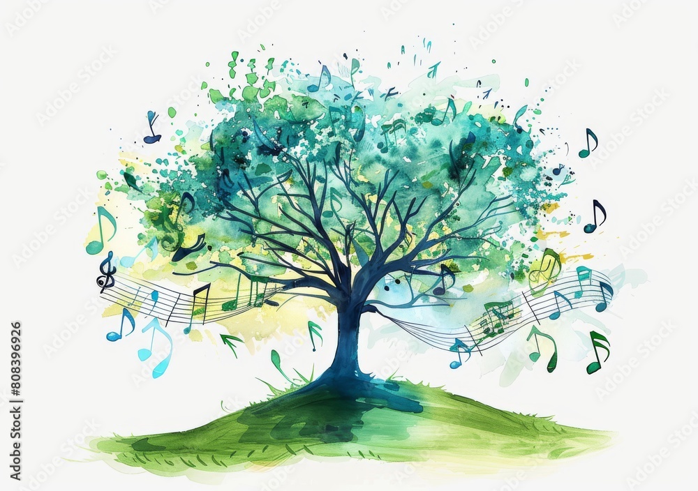 Beautiful watercolor painting of a vibrant tree with leaves transforming into musical notes, set against a colorful background. Beautiful watercolor painting of a vibrant tree with leaves transforming into musical notes, set against a colorful background.