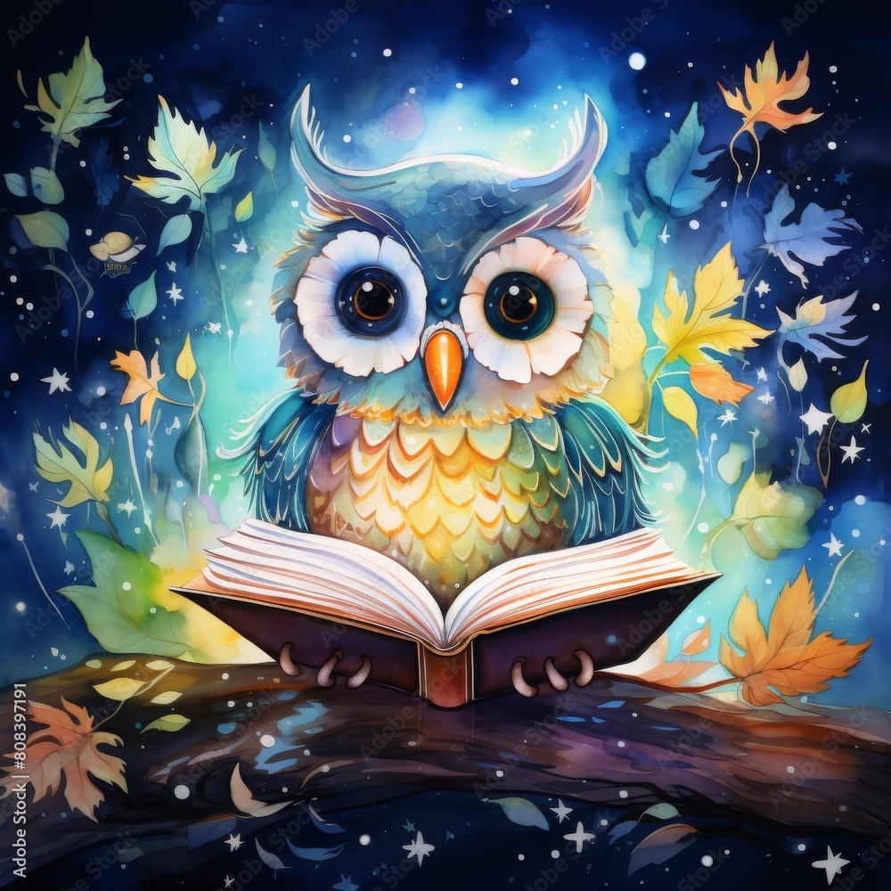 Obraz premium A cute owl is reading a book under the stars. The owl is surrounded by colorful leaves and flowers. The image has a soft, dreamy feel to it.
