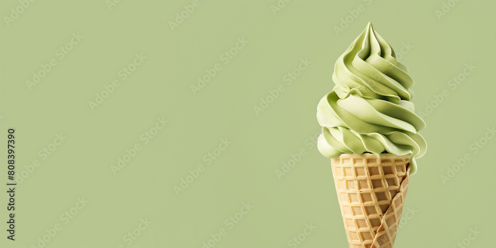 matcha green tea ice cream with waffle cone isolated on green background, copy space