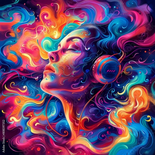 Artistic representation of a woman with headphones, lost in music, depicted with swirling, colorful, psychedelic patterns.