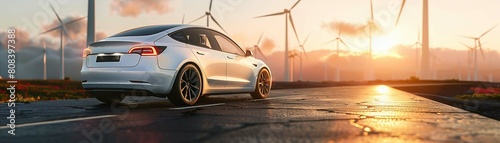 White electric car on a road surrounded by wind turbines at sunset