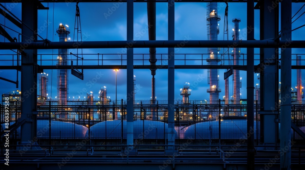 Naklejka premium A blue hour scene at an oil refinery, where the silhouette of tanks and pipes creates a graphic industrial landscape