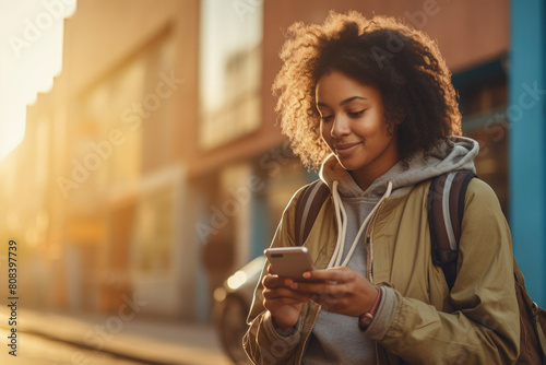 A woman with curly hair and a backpack stands on a street, looking at her phone. The sun is lighting behind her. © Vitaly Art