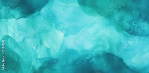 Wide panoramic abstract background with a blend of aqua and marine hues mimicking watercolor textures, ideal for serene designs, wallpapers, or creative backdrops photo