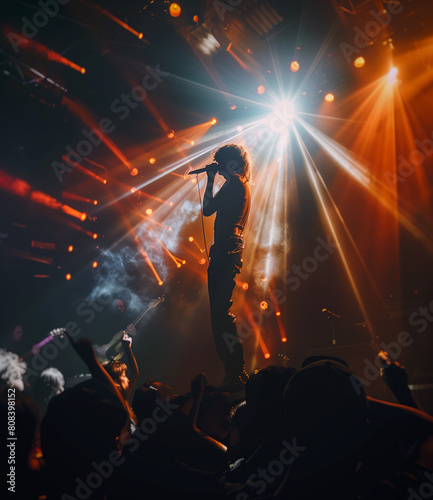 A charismatic rock singer captivates the crowd during an electrifying live concert, bathed in dynamic lighting and surrounded by an enthusiastic audience.