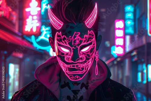 cyberpunk anime boy with oni mask sign pose futuristic urban neon head design illustration