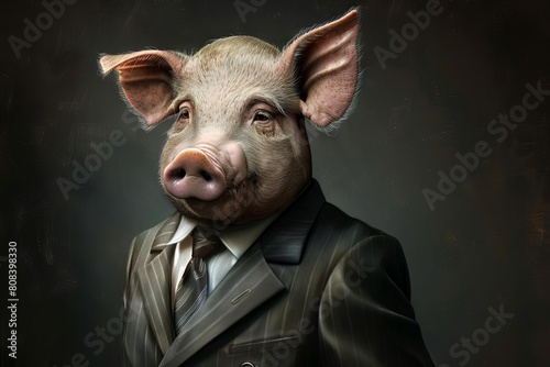 dapper pig in fulllength business suit anthropomorphic animal portrait dark background digital painting photo