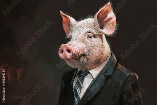 dapper pig in fulllength business suit anthropomorphic animal portrait dark background digital painting photo