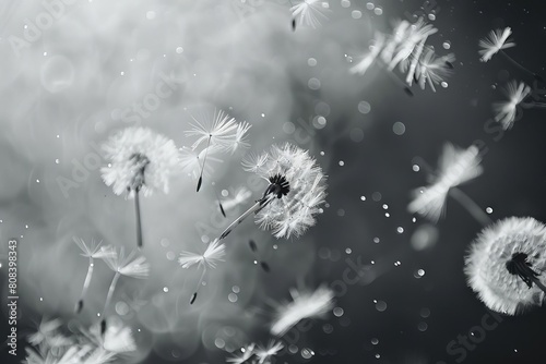 delicate dandelion seeds floating in the wind ethereal nature scene black and white photograph