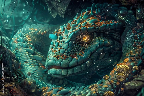 ancient sea serpents guarding hidden treasures in ocean depths mythical creatures digital fantasy illustration 1 © furyon