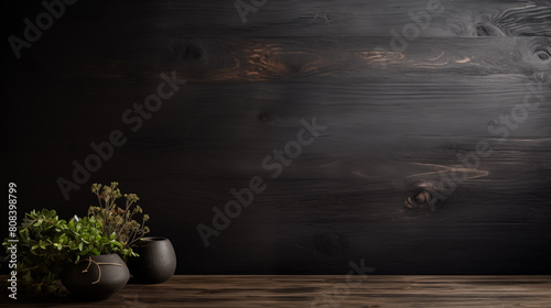 Dark Wood Wall Backdrop with Potted Plants