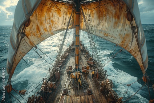 A pirate ship sails through a stormy sea. AIG51A.
