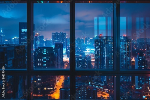 city skyline at night viewed through windows from indoors urban landscape interior photography