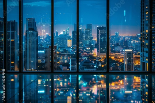 city skyline at night viewed through windows from indoors urban landscape interior photography