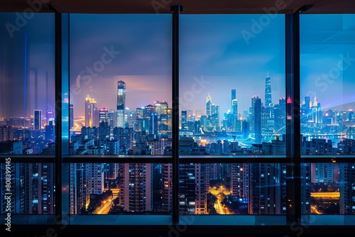 city skyline at night viewed through windows from indoors urban landscape interior photography