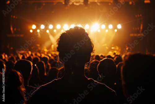 concert scene from back of hall with intense spotlights silhouette of audience in foreground atmospheric music photography