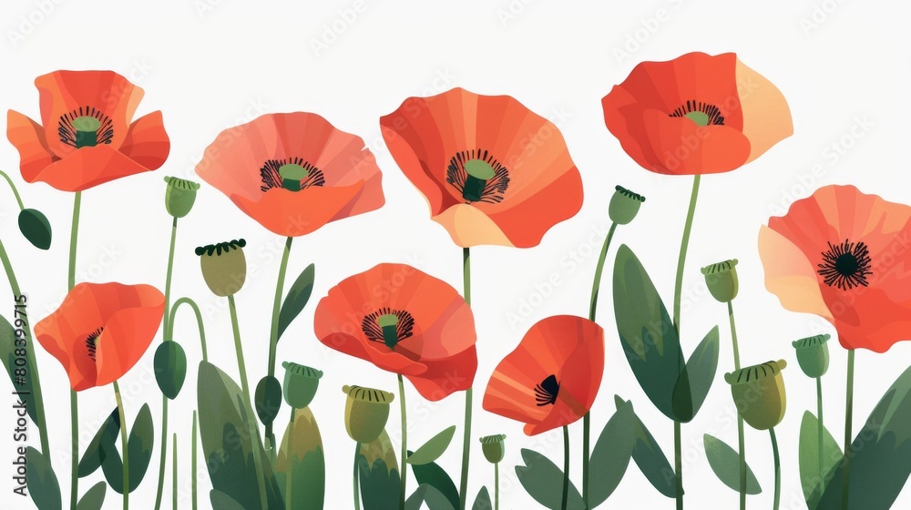 Fototapeta premium Illustration of vibrant red poppies with green stems and leaves set against a pale background.