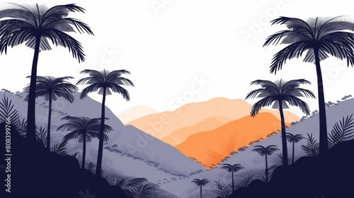 Stylized illustration of a lush jungle valley with layers of mountains  silhouetted palm trees  and a warm sunset.