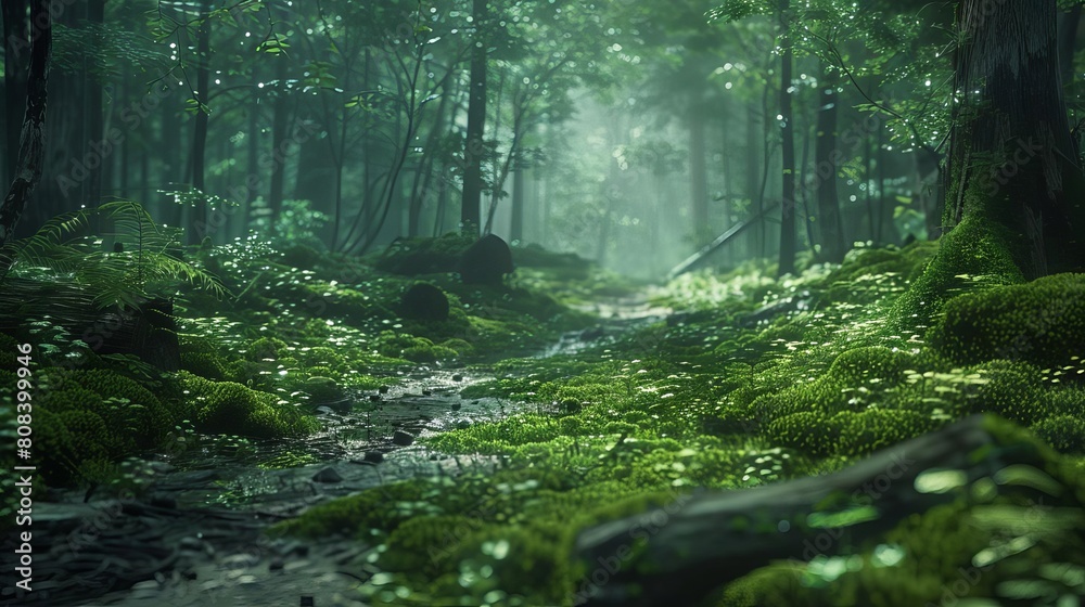 Fototapeta premium Capture the mesmerizing tranquility of an eye-level view on a moss-covered forest path Highlight the lush green hues and intricate textures for a peaceful, immersive experience