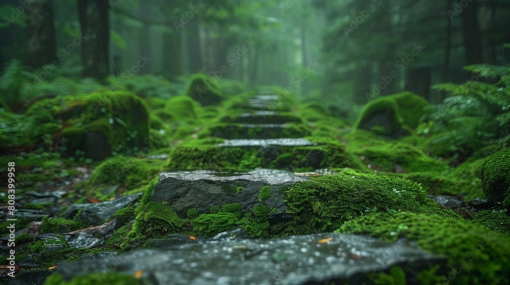 Capture the mesmerizing tranquility of an eye-level view on a moss-covered forest path Highlight the lush green hues and intricate textures for a peaceful, immersive experience Capture the mesmerizing tranquility of an eye-level view on a moss-covered forest path Highlight the lush green hues and intricate textures for a peaceful, immersive experience