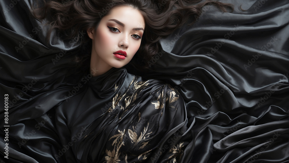 Close up beautiful model girl in black silk cloth