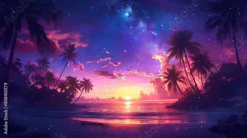 Craft a captivating frontal view of a tropical beach oasis illuminated by a dynamic night sky time-lapse Feature palm trees silhouetted against a vivid starlit sky transitioning in