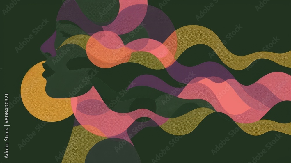 Abstract illustration of a female profile with flowing hair in a sea ...