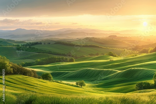 A beautiful landscape of green hills in Tuscany  Italy. The sun is setting and the sky is a warm orange. AIG51A.