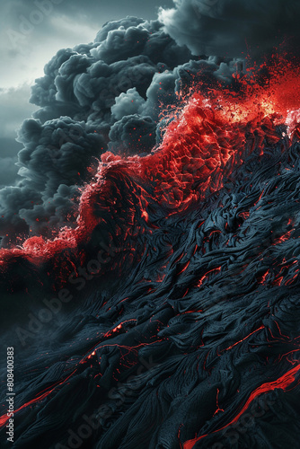 A powerful interaction of fiery red and stark black waves, their clash creating an intense and dramatic visual that simulates the raw energy of an active volcano.