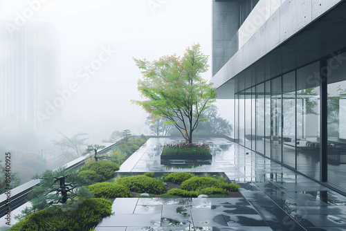 Rooftop garden in Tokyo, minimalist design with monochrome gray and white palette, misty morning enhancing clean lines and structured greenery. Ultra-realistic architectural photography.