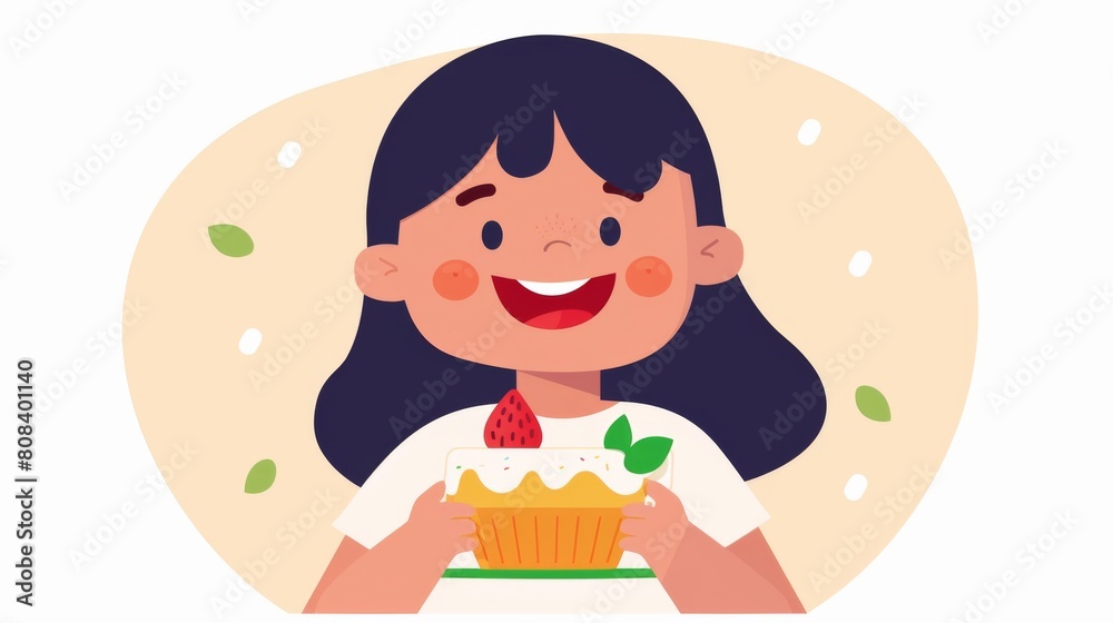 An illustration of a happy little girl licking her lips as she holds a birthday cake with a strawberry on top. An illustration of a happy little girl licking her lips as she holds a birthday cake with a strawberry on top.