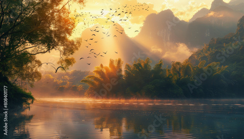 A serene river landscape at sunrise with lush trees  mountains in the background  and a flock of birds flying under the warm glow of the sun.