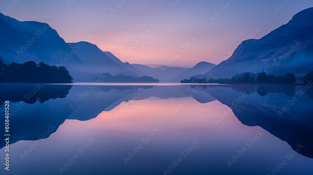 Majestic Sunrise Over Misty Mountain Lake with Reflections and Serene, Cool Blue Colors for Tranquil Ads and Wallpapers