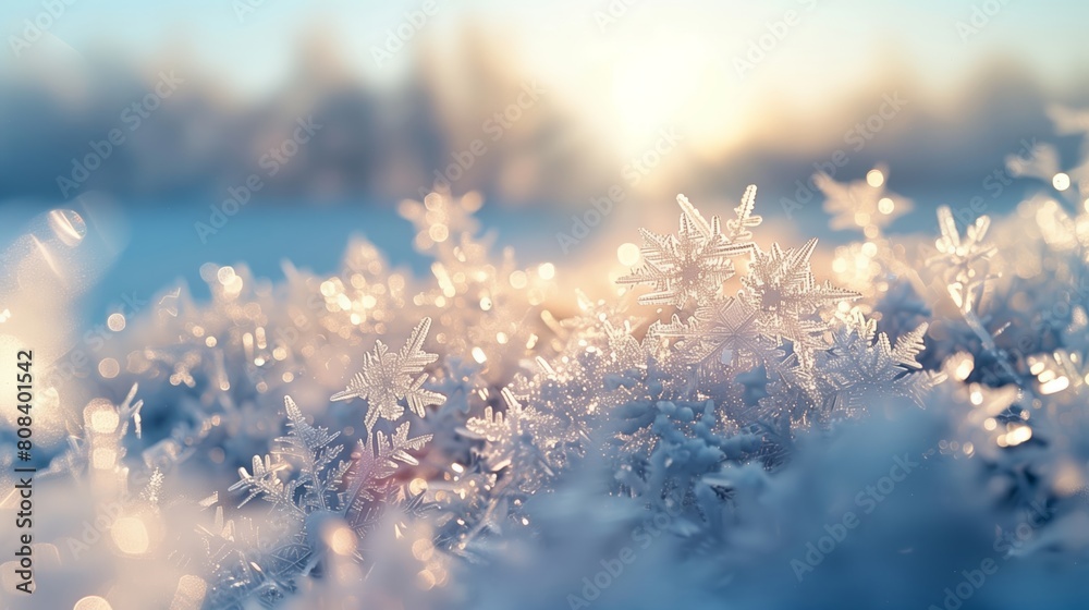 Winter Wonderland: Close-Up of Frosty Snow Crystals Glistening in the Warm Sunrise, Perfect for Holiday Cards and Seasonal Promotions Winter Wonderland: Close-Up of Frosty Snow Crystals Glistening in the Warm Sunrise, Perfect for Holiday Cards and Seasonal Promotions